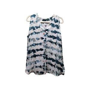 Cabi Womens White Teal Gelato Watercolor Tank Tunic Blouse Small